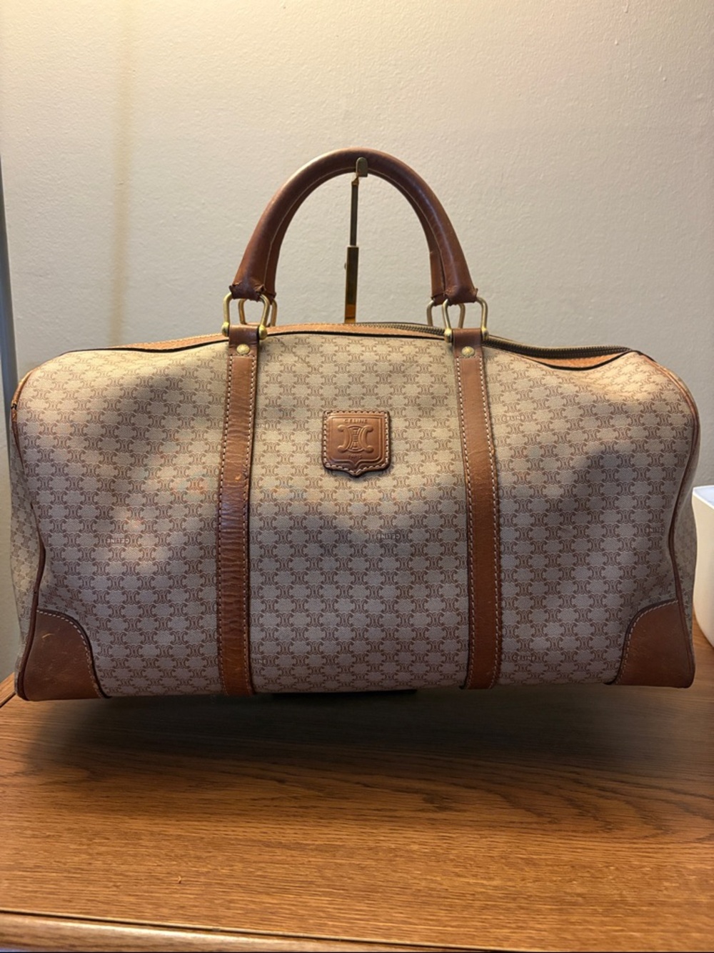 Celine travel duffle 18” by 13” Brown Macadam Weekend Duffel Bag w Leather Trim